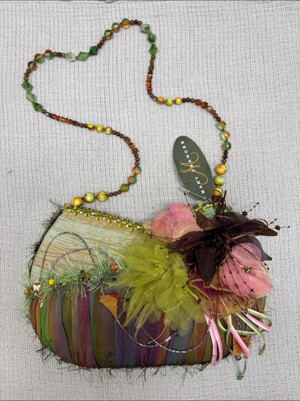 Vintage Mary Frances Beaded Floral Shoulder Bag Purse Boho Artsy Tag Attached